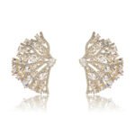 Wholesale pink flower earrings with central yellow zircon and 925 silver needles from JuneJewelry.com – unique floral brass jewelry for bulk buyers.