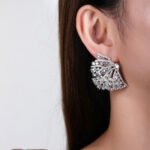 Wholesale pink flower earrings with central yellow zircon and 925 silver needles from JuneJewelry.com – unique floral brass jewelry for bulk buyers.