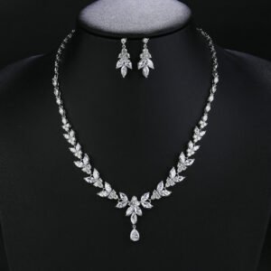 Wholesale bridal zircon set featuring a luxury teardrop pendant necklace and matching earrings in real platinum plated copper from JuneJewelry.com.