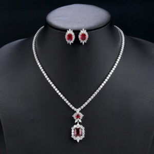 Wholesale zircon jewelry set with necklace and S925 silver needle earrings in real gold plated copper from JuneJewelry.com – premium bridal jewelry for bulk orders.