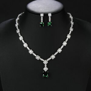 Wholesale luxury zircon set with necklace and S925 silver needle earrings in gold plated copper from JuneJewelry.com – high-quality bridal jewelry for bulk orders.