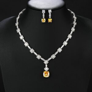 Wholesale luxury zircon set with necklace and S925 silver needle earrings in gold plated copper from JuneJewelry.com – high-quality bridal jewelry for bulk orders.