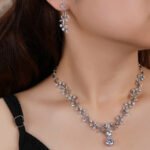 Wholesale zircon jewelry set with real gold plating and marquise-cut white stones from JuneJewelry.com – luxury bridal copper jewelry for bulk orders.