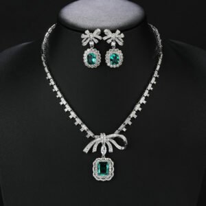 Wholesale copper zircon jewelry set with real gold plating and 925 silver needle earrings from JuneJewelry.com – luxury bridal accessories for bulk orders.