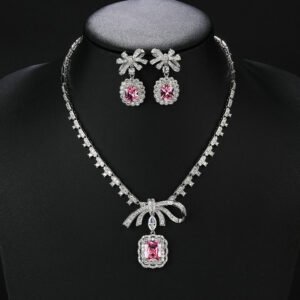 Wholesale copper zircon jewelry set with real gold plating and 925 silver needle earrings from JuneJewelry.com – luxury bridal accessories for bulk orders.