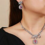 Wholesale copper zircon jewelry set with real gold plating and 925 silver needle earrings from JuneJewelry.com – luxury bridal accessories for bulk orders.