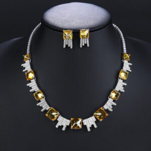 Wholesale luxury zircon set with yellow cushion-cut stones and gold plated copper from JuneJewelry.com – high-quality 925 silver needle bridal jewelry.