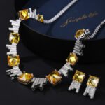 Wholesale luxury zircon set with yellow cushion-cut stones and gold plated copper from JuneJewelry.com – high-quality 925 silver needle bridal jewelry.