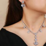 Wholesale Copper Zircon Jewelry set with heart drop necklace and matching earrings featuring 925 silver pins from JuneJewelry.com.