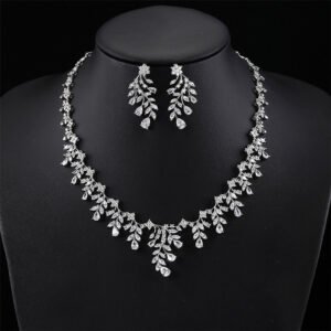 Wholesale zircon jewelry sets featuring teardrop and marquise cut stones in 18K gold plated copper from JuneJewelry.com – luxury bridal accessories for bulk purchase.