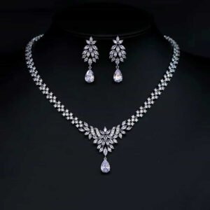 Wholesale copper zircon set featuring real gold plated necklace and earrings with AAA stones from JuneJewelry.com – luxury bridal jewelry for bulk buyers.