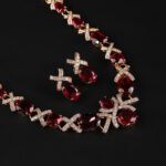 Wholesale oval zircon set with crisscross link necklace and 925 silver needle earrings from JuneJewelry.com – luxury gold plated bridal jewelry.