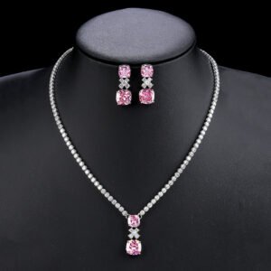 Wholesale Copper Zircon Set featuring a luxury necklace and earrings with 925 silver pins and real gold plating from JuneJewelry.com.