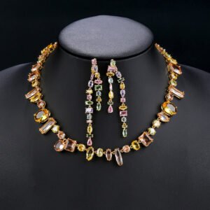 Wholesale multi-color zircon set with mixed-shape stones and gold plated copper from JuneJewelry.com – high-quality 925 silver needle jewelry.