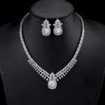 Wholesale copper zircon set featuring a luxury teardrop pendant and matching earrings in 18K gold plating from JuneJewelry.com.