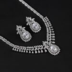 Wholesale copper zircon set featuring a luxury teardrop pendant and matching earrings in 18K gold plating from JuneJewelry.com.