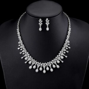 Wholesale copper zircon set featuring marquise-cut white stones and real gold plating from JuneJewelry.com – premium bridal jewelry for bulk purchase.