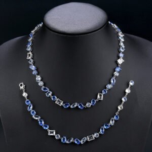 Wholesale copper zircon jewelry set with a heavy crystal necklace and 925 silver needle earrings from JuneJewelry.com – luxury bridal jewelry for bulk orders.