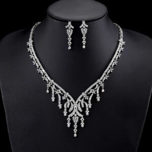 Wholesale crystal jewelry set with marquise and pear-cut zircons on real gold plated copper from JuneJewelry.com – luxury bridal jewelry for bulk orders.