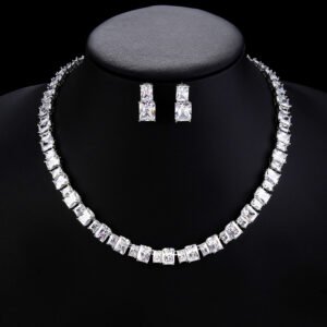 Wholesale emerald cut zircon set with radiant white stones and 18K gold plated copper from JuneJewelry.com – luxury 925 silver needle jewelry.