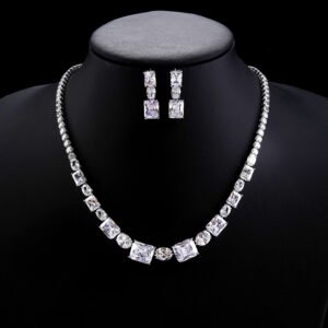 Wholesale zircon jewelry set with necklace and S925 silver needle earrings in gold plated brass from JuneJewelry.com – luxury bridal jewelry for bulk buyers.