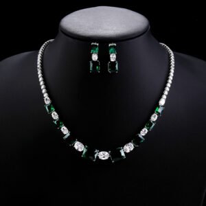 Wholesale zircon jewelry set with necklace and S925 silver needle earrings in gold plated brass from JuneJewelry.com – luxury bridal jewelry for bulk buyers.