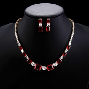 Wholesale zircon jewelry set with necklace and S925 silver needle earrings in gold plated brass from JuneJewelry.com – luxury bridal jewelry for bulk buyers.