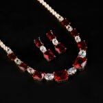 Wholesale zircon jewelry set with necklace and S925 silver needle earrings in gold plated brass from JuneJewelry.com – luxury bridal jewelry for bulk buyers.