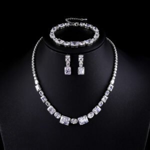 Wholesale luxury zircon set with necklace, bracelet, and S925 silver needle earrings from JuneJewelry.com – premium gold plated bridal jewelry.
