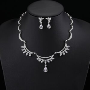 Wholesale bridal zircon set with teardrop stones and platinum plated copper from JuneJewelry.com – luxury wedding jewelry for bulk purchase.