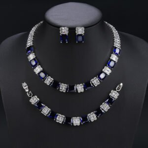 Wholesale radiant zircon set with emerald cut stones and gold plated copper from JuneJewelry.com – luxury 925 silver needle bridal jewelry.