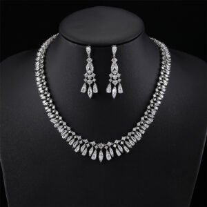 Wholesale elegant zircon set with teardrop pendants and platinum plated copper from JuneJewelry.com – luxury wedding jewelry for bulk purchase.