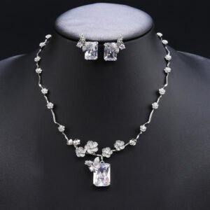 Wholesale floral zircon set with emerald-cut pendants and gold plated copper from JuneJewelry.com – 925 silver needle bridal jewelry.