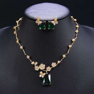 Wholesale floral zircon set with emerald-cut pendants and gold plated copper from JuneJewelry.com – 925 silver needle bridal jewelry.