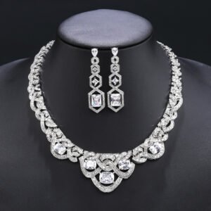 Wholesale zircon jewelry set with necklace and S925 silver needle earrings in real gold plated brass from JuneJewelry.com – premium bridal jewelry for bulk orders.
