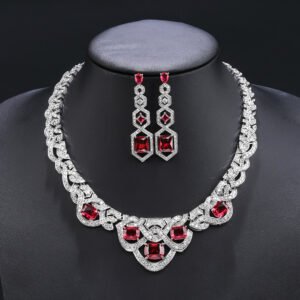 Wholesale zircon jewelry set with necklace and S925 silver needle earrings in real gold plated brass from JuneJewelry.com – premium bridal jewelry for bulk orders.