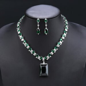 Wholesale emerald zircon set with large radiant center stone and gold plated copper from JuneJewelry.com – high-quality 925 silver needle jewelry.