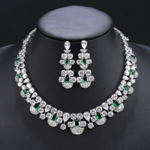 Wholesale copper zircon jewelry set featuring a heavy crystal necklace and 925 silver needle earrings from JuneJewelry.com – luxury bridal jewelry for bulk buyers.