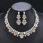 Wholesale copper zircon jewelry set featuring a heavy crystal necklace and 925 silver needle earrings from JuneJewelry.com – luxury bridal jewelry for bulk buyers.