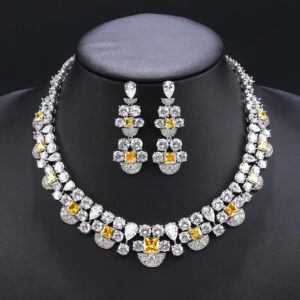 Wholesale copper zircon jewelry set featuring a heavy crystal necklace and 925 silver needle earrings from JuneJewelry.com – luxury bridal jewelry for bulk buyers.