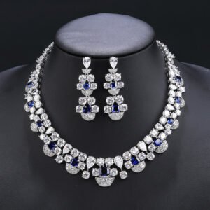 Wholesale copper zircon jewelry set featuring a heavy crystal necklace and 925 silver needle earrings from JuneJewelry.com – luxury bridal jewelry for bulk buyers.
