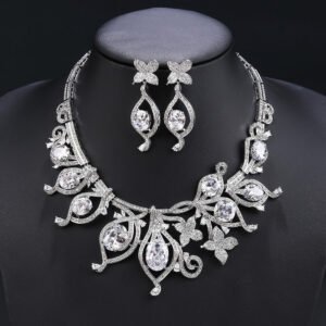 Wholesale luxury zircon set with 18K gold plated copper and S925 silver needle earrings from JuneJewelry.com – high-quality bridal jewelry for bulk buyers.