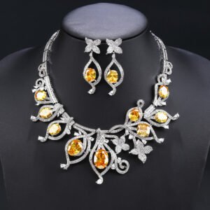 Wholesale luxury zircon set with 18K gold plated copper and S925 silver needle earrings from JuneJewelry.com – high-quality bridal jewelry for bulk buyers.