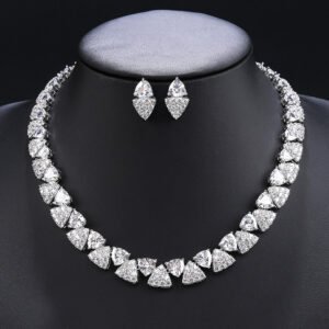 Wholesale triangle zircon set with radiant white stones and gold plated copper from JuneJewelry.com – luxury 925 silver needle bridal jewelry.