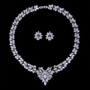 Wholesale zircon jewelry set with true gold plating and marquise-cut white stones from JuneJewelry.com – premium quality bridal jewelry for bulk purchase.