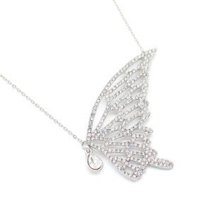 Sparkling Swarovski element butterfly pendant necklace in white gold plated copper for daily and travel wear, wholesale from junejewelry.com.