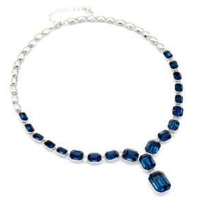 Luxury white gold plated Swarovski element blue rectangle crystal Y necklace for wholesale at junejewelry.com.