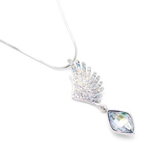 Unique Swarovski element crystal angel wing and blue rhombus stone pendant necklace, platinum plated copper fashion jewelry for wholesale at junejewelry.com.