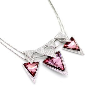 Three horizontal Swarovski element triangle crystals on a medium-large geometric pendant necklace in white gold plated copper from junejewelry.com.