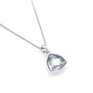 Petite Swarovski element triangle crystal pendant necklace in white gold plating, sparkling minimalist jewelry for wholesale at junejewelry.com.